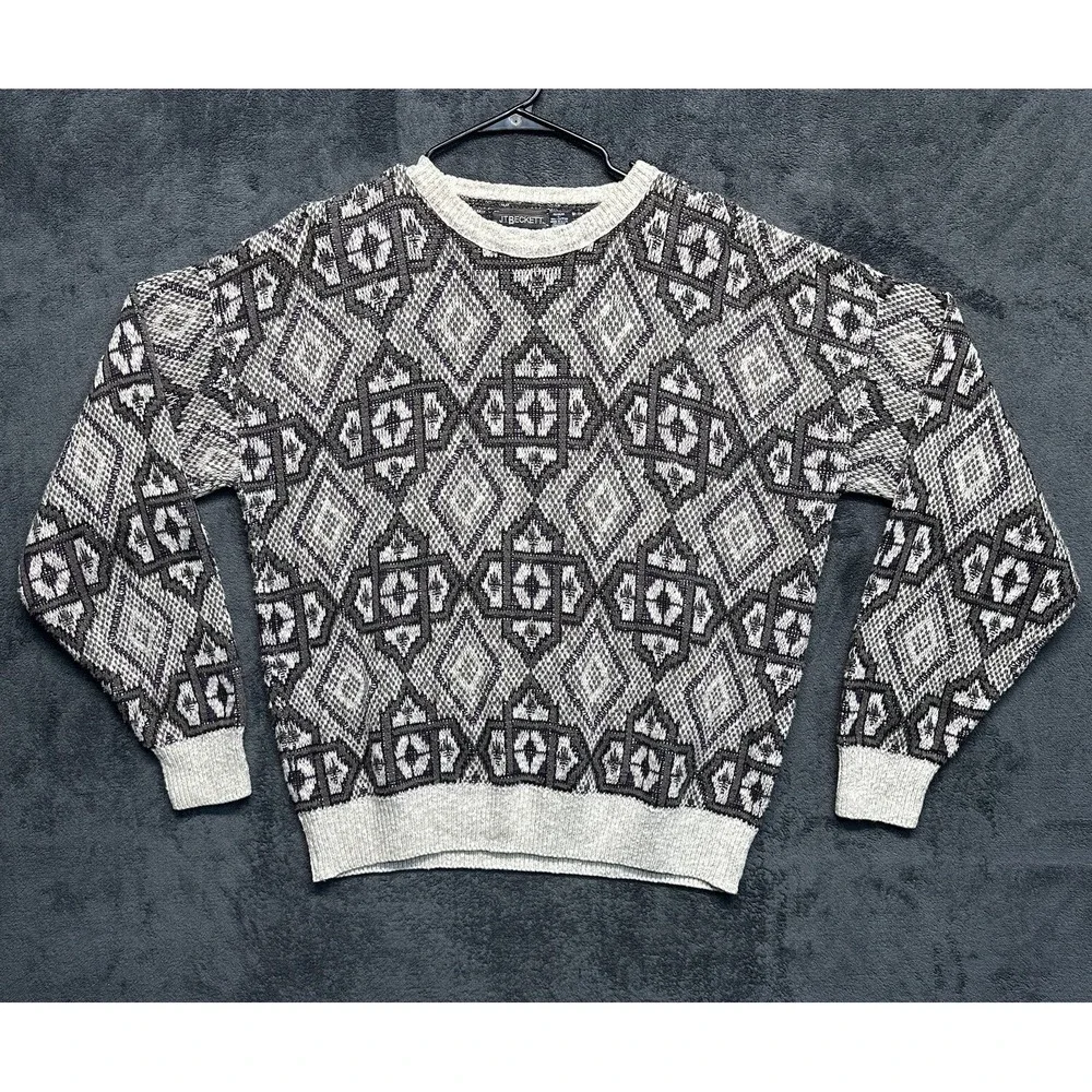 Vintage Sweater Men's XL White 3D Woven Geometric Cosby Chunky Knit JT Beckett